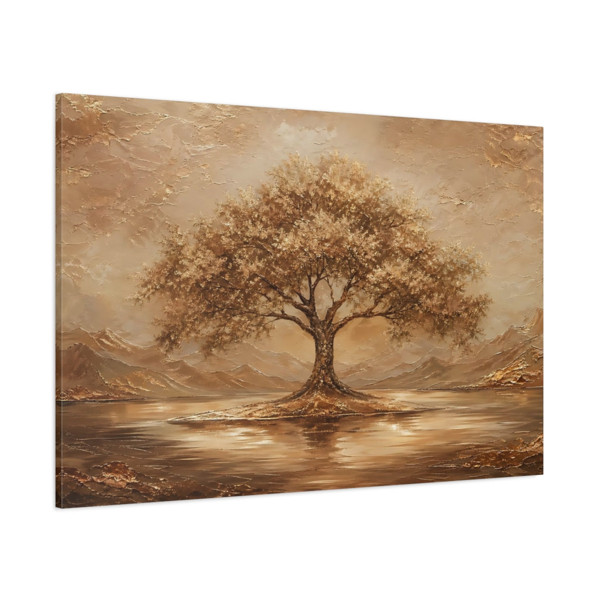 Side Mockup 1. Nature Tree Brown And Gold shown as stretched canvas wall art
