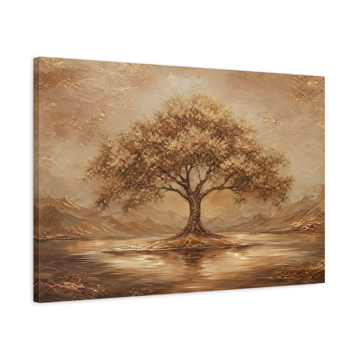 Side Mockup 2. Nature Tree Brown And Gold shown as stretched canvas wall art