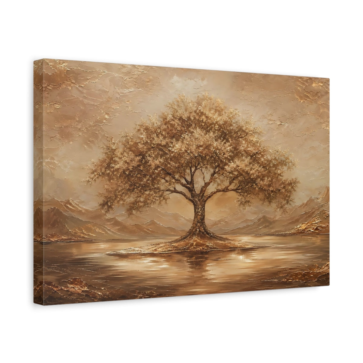 Side Mockup 4. Nature Tree Brown And Gold shown as stretched canvas wall art