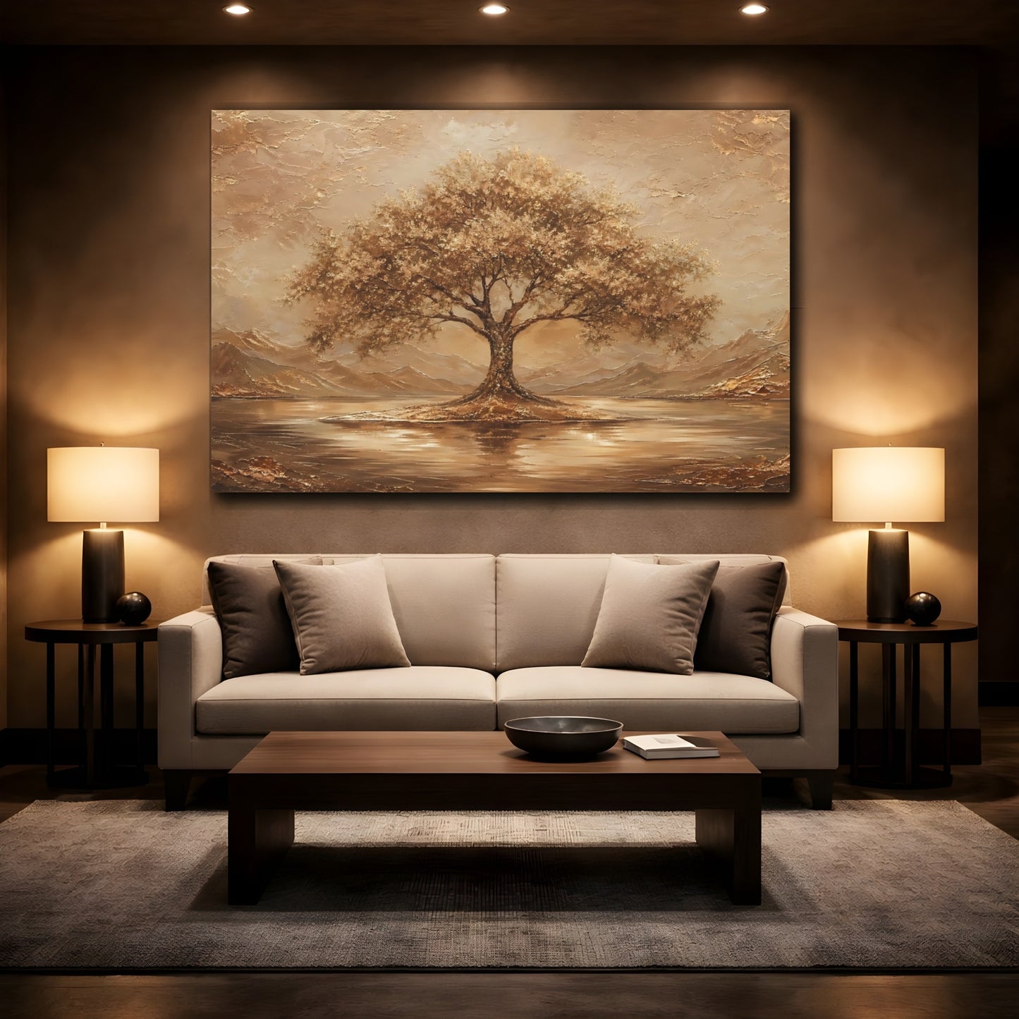 Mockup 2. Nature Tree Brown And Gold shown as stretched canvas wall art