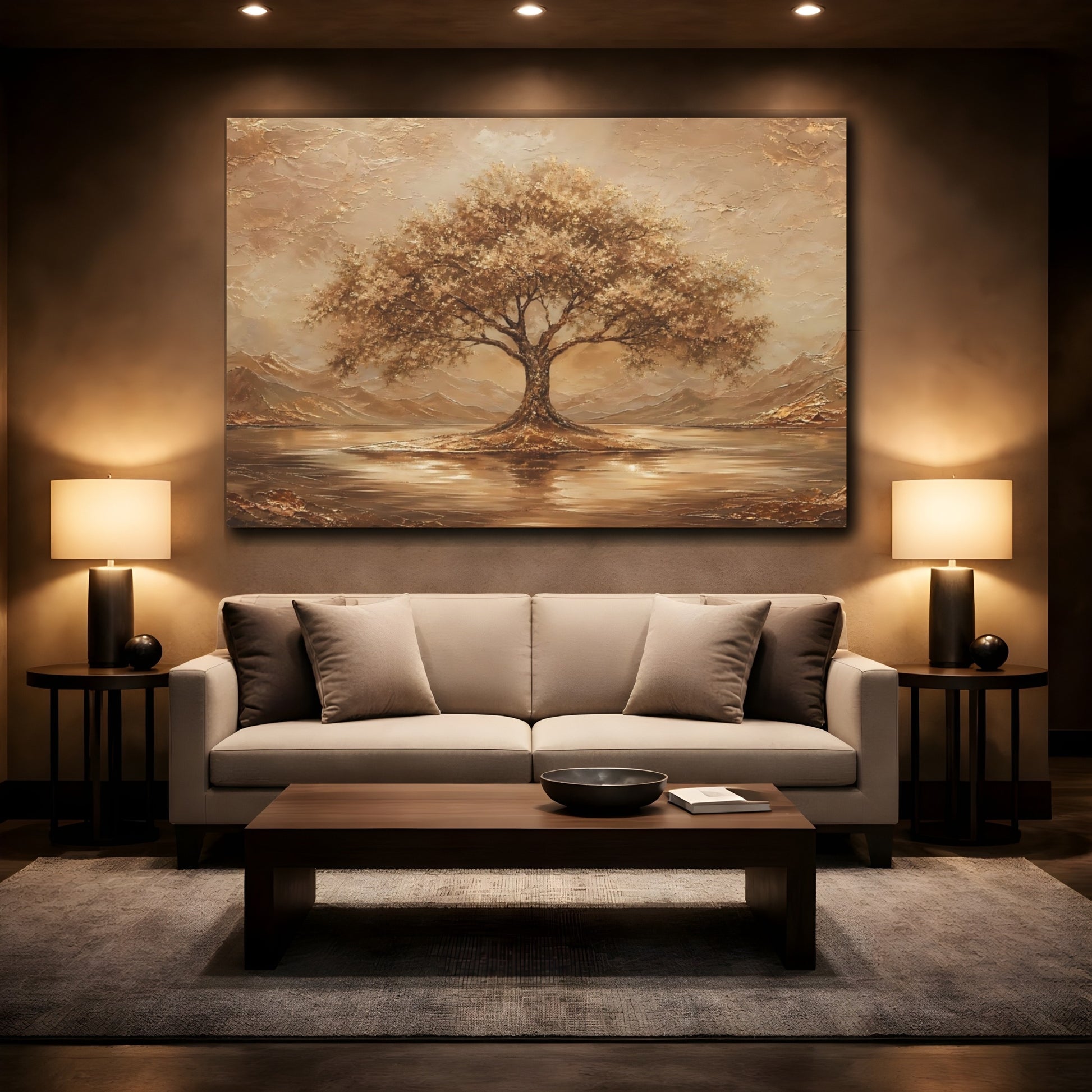 Mockup 2. Nature Tree Brown And Gold shown as stretched canvas wall art
