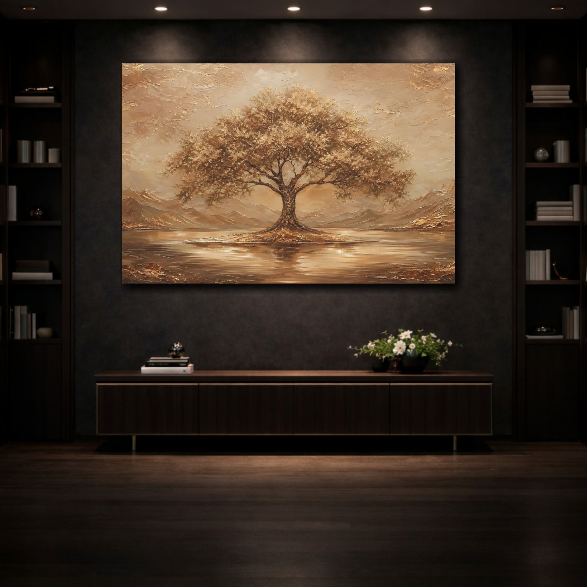 Mockup 3. Nature Tree Brown And Gold shown as stretched canvas wall art