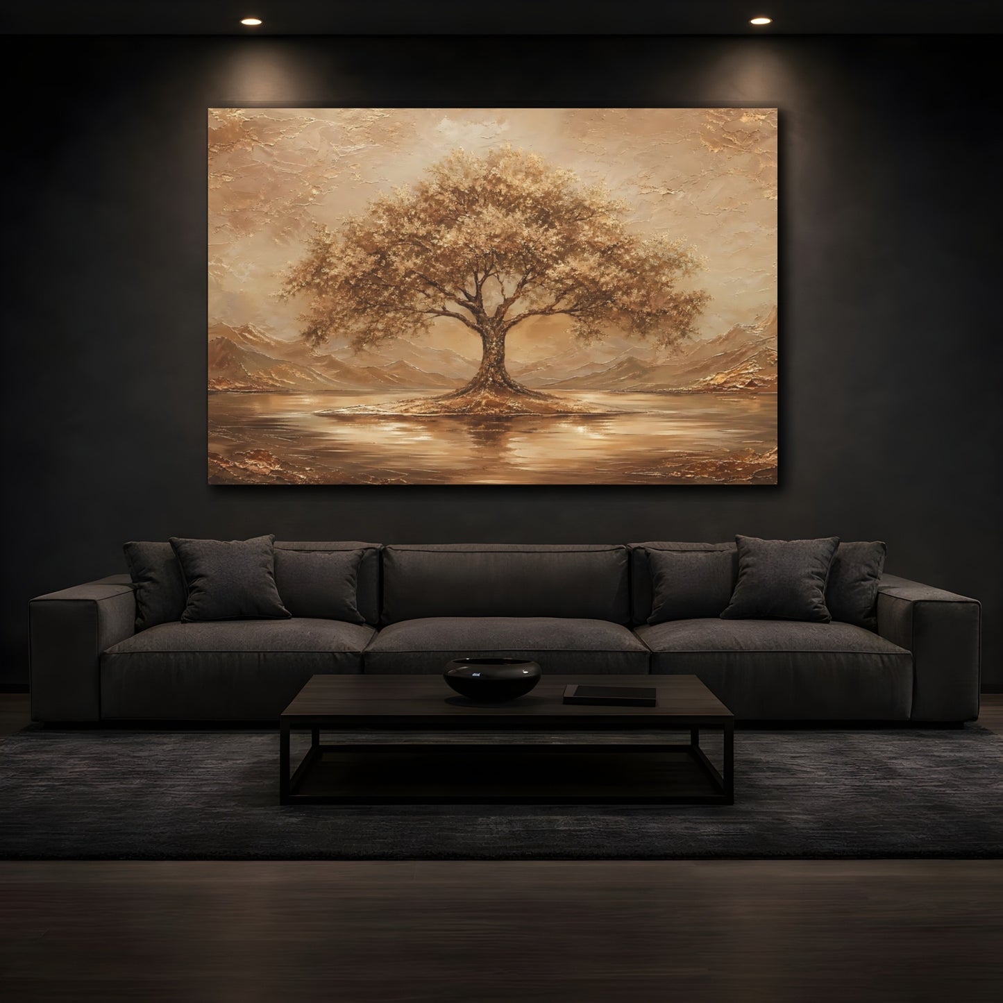 Mockup 4. Nature Tree Brown And Gold shown as stretched canvas wall art