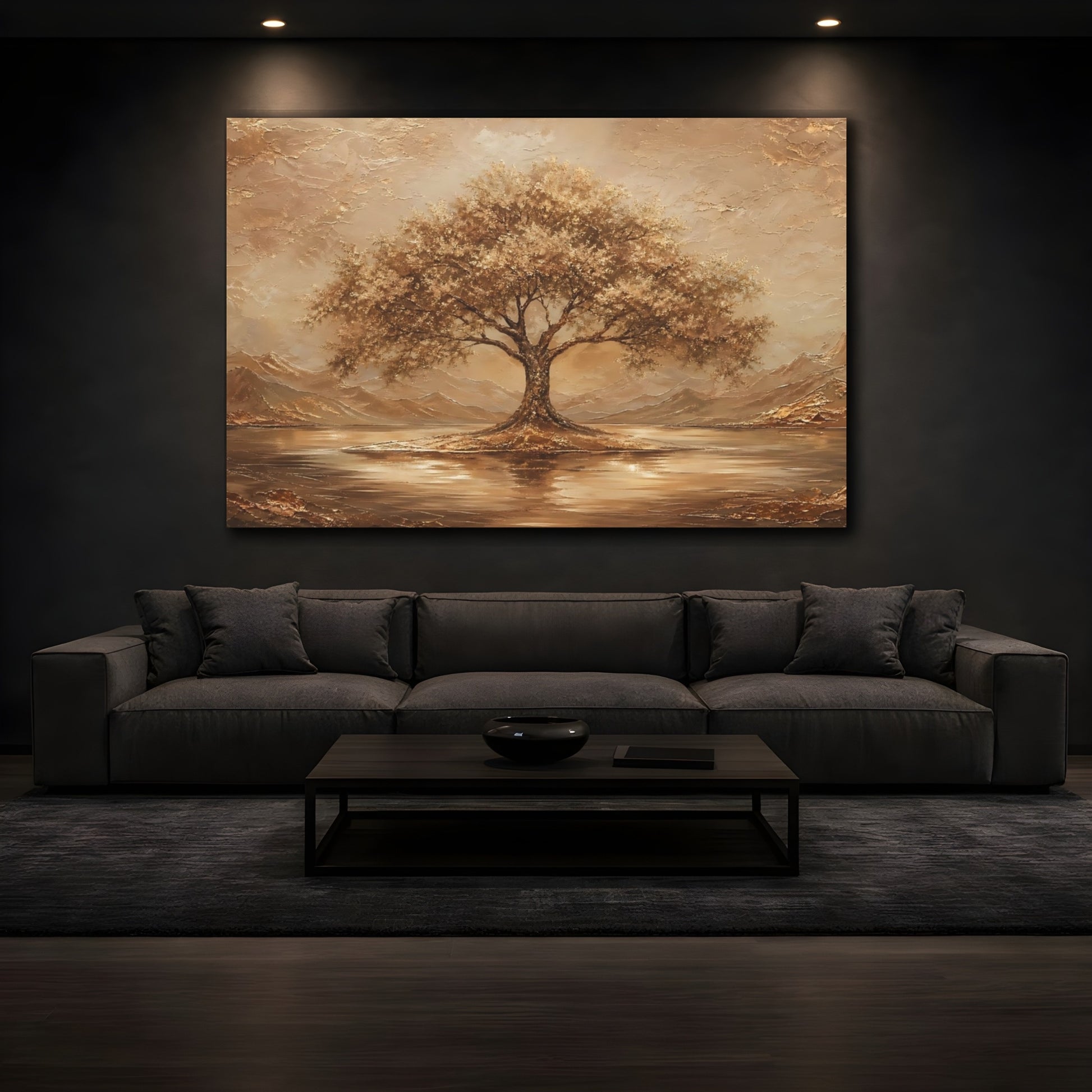 Mockup 4. Nature Tree Brown And Gold shown as stretched canvas wall art
