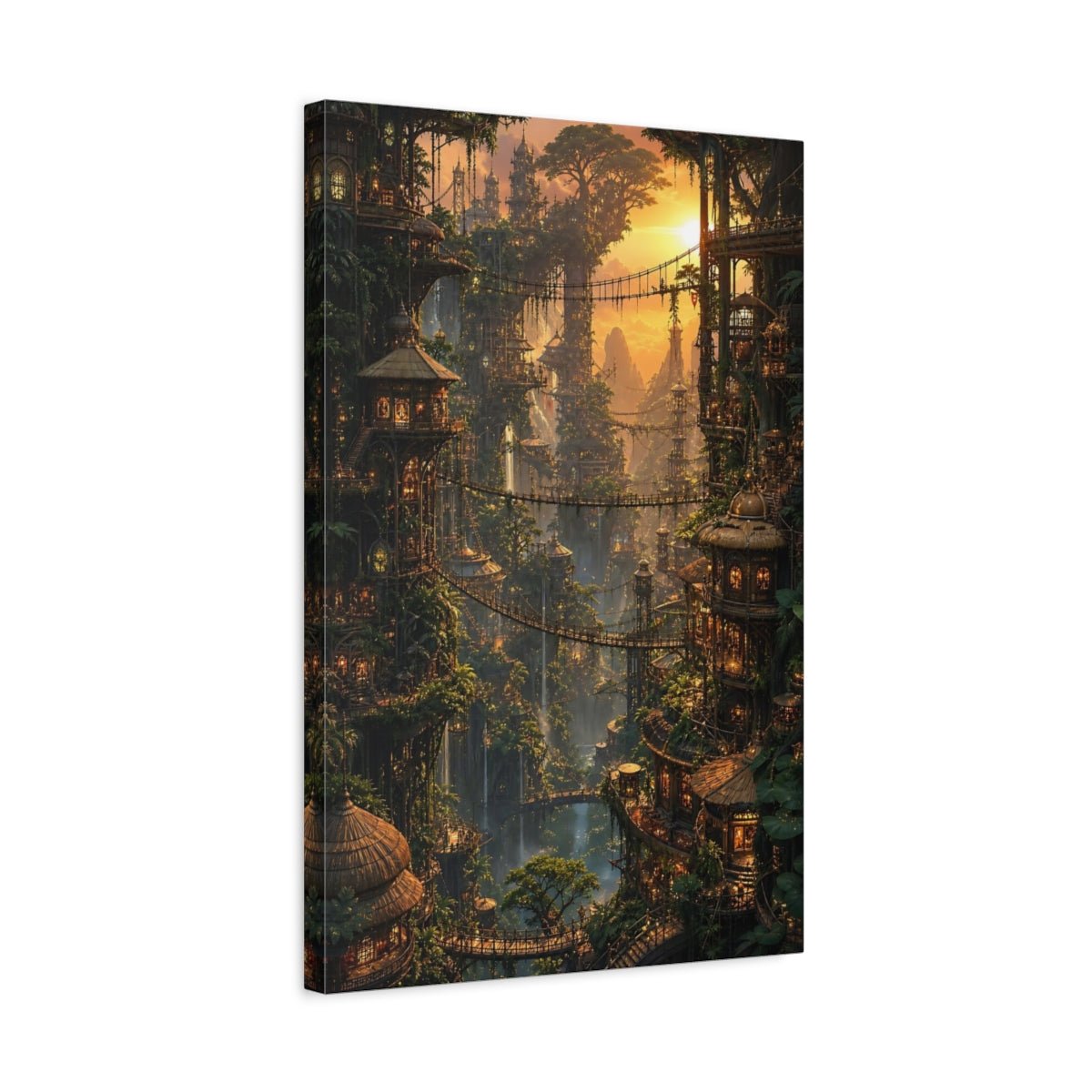 Nature Tree City Golden Jungle Canvas Print – Fantasy Decor for Living Room, Large Wall - YesArtYes