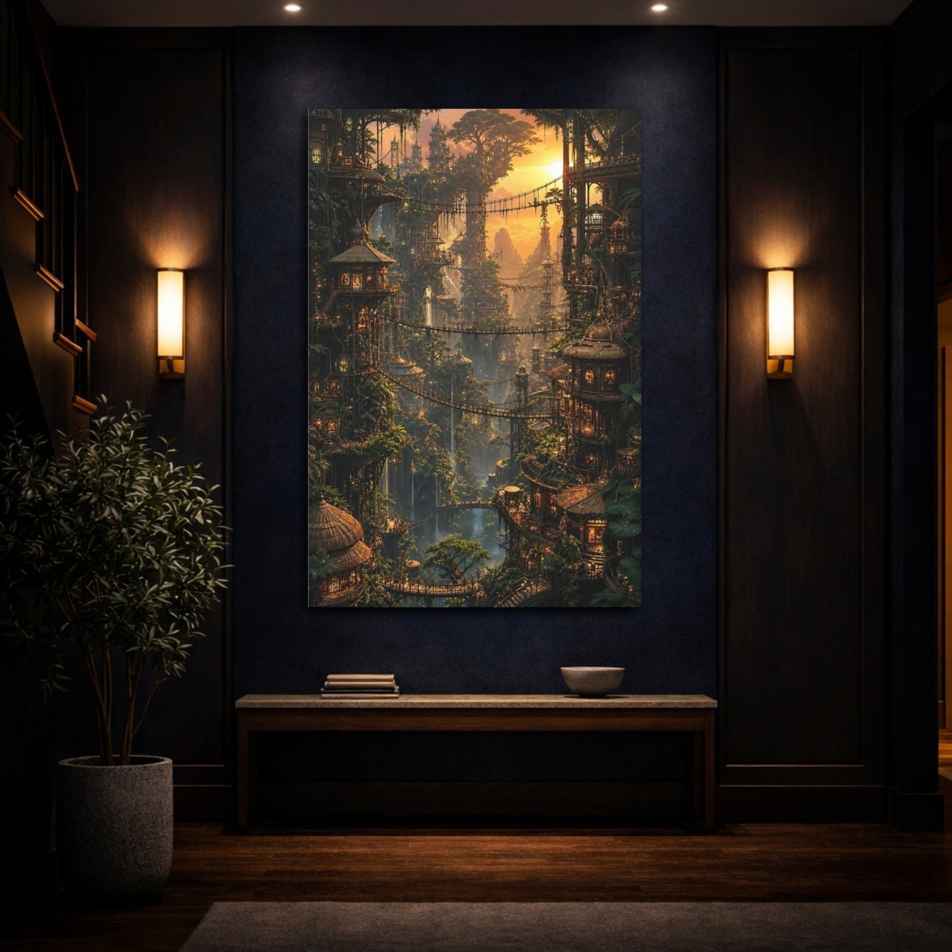 Nature Tree City Golden Jungle Canvas Print – Fantasy Decor for Living Room, Large Wall - YesArtYes