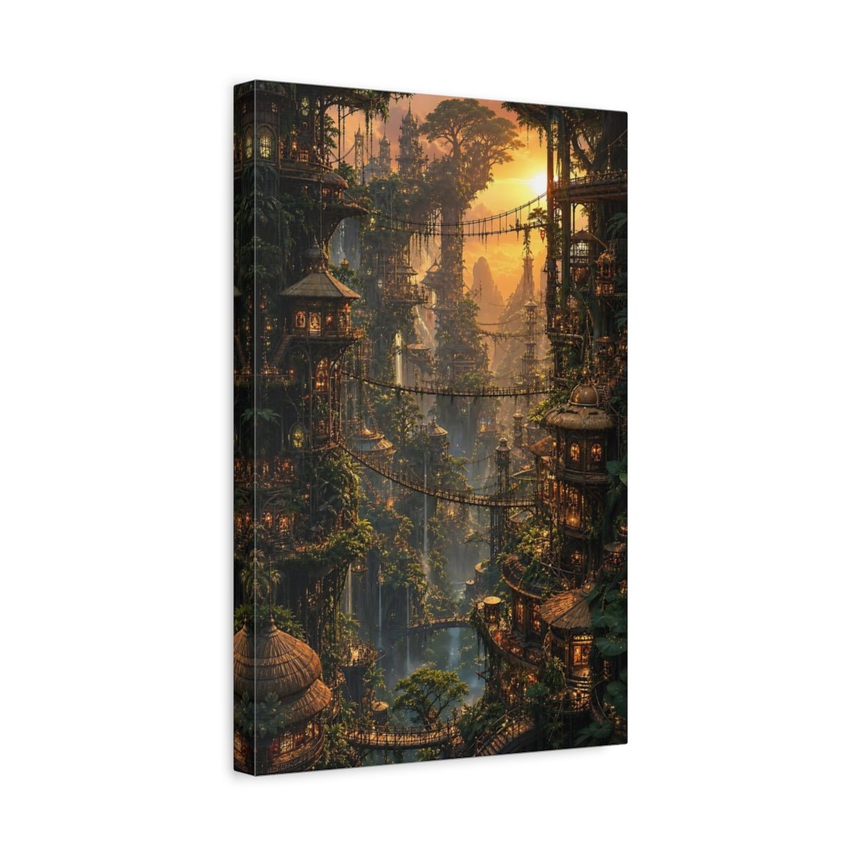 Nature Tree City Golden Jungle Canvas Print – Fantasy Decor for Living Room, Large Wall - YesArtYes