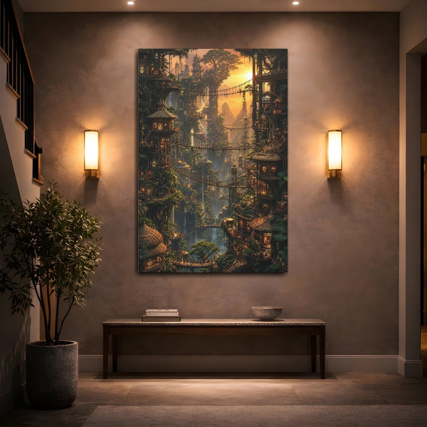 Nature Tree City Golden Jungle Canvas Print – Fantasy Decor for Living Room, Large Wall - YesArtYes