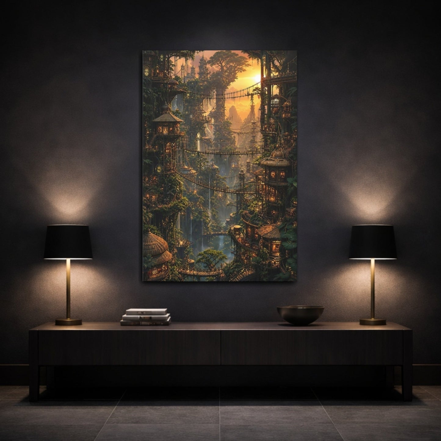 Nature Tree City Golden Jungle Canvas Print – Fantasy Decor for Living Room, Large Wall - YesArtYes