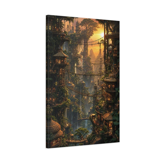 Nature Tree City Golden Jungle Canvas Print – Fantasy Decor for Living Room, Large Wall - YesArtYes