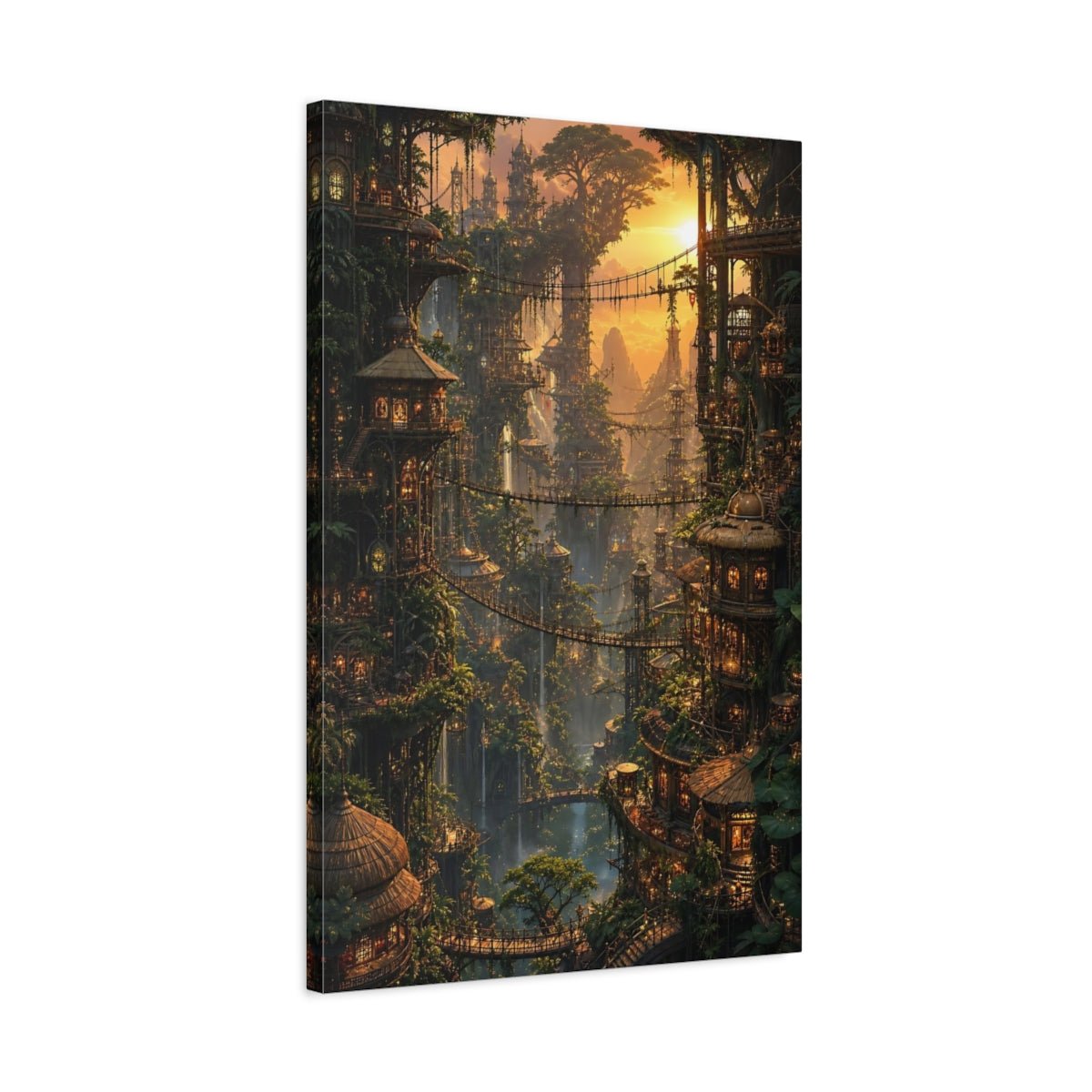 Nature Tree City Golden Jungle Canvas Print – Fantasy Decor for Living Room, Large Wall - YesArtYes