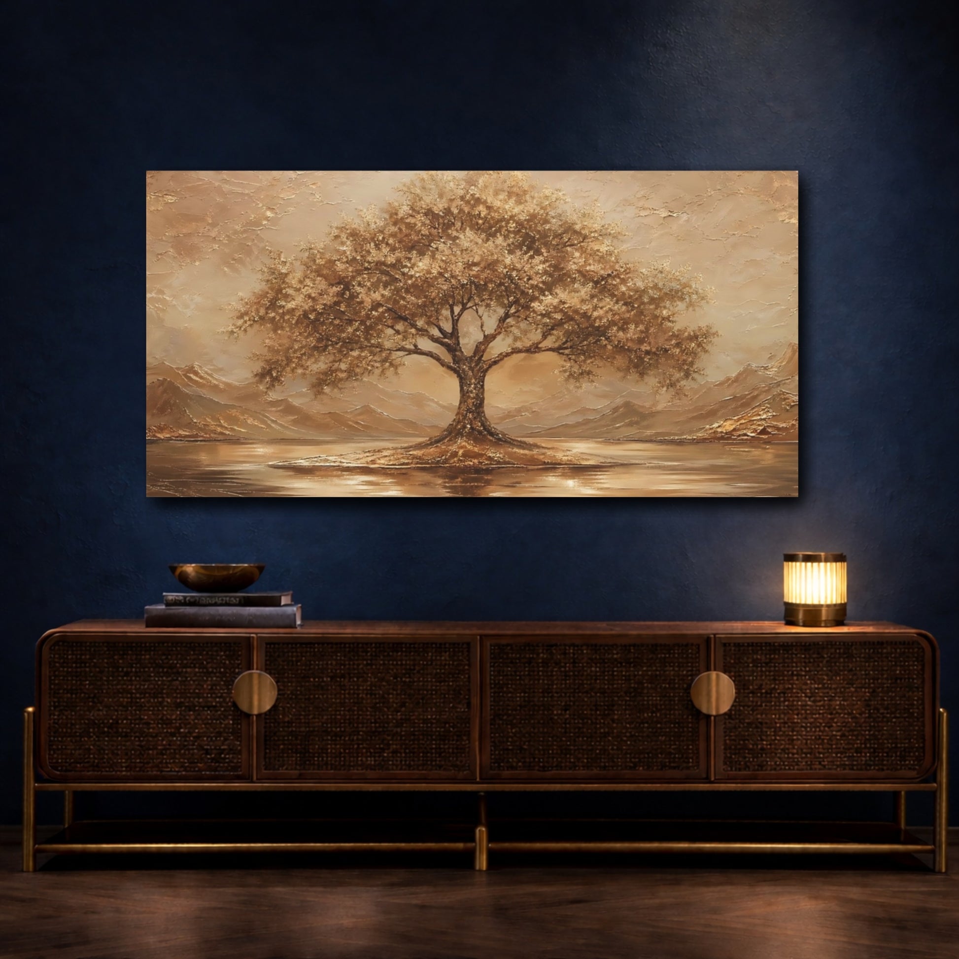 Mockup 4. Nature Tree Golden Brown shown as stretched canvas wall art