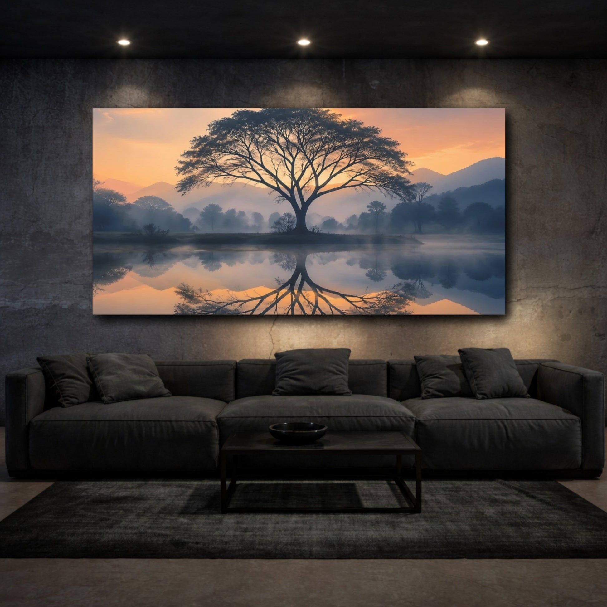 Mockup 2. Nature Tree Orange And Blue Landscape shown as stretched canvas wall art