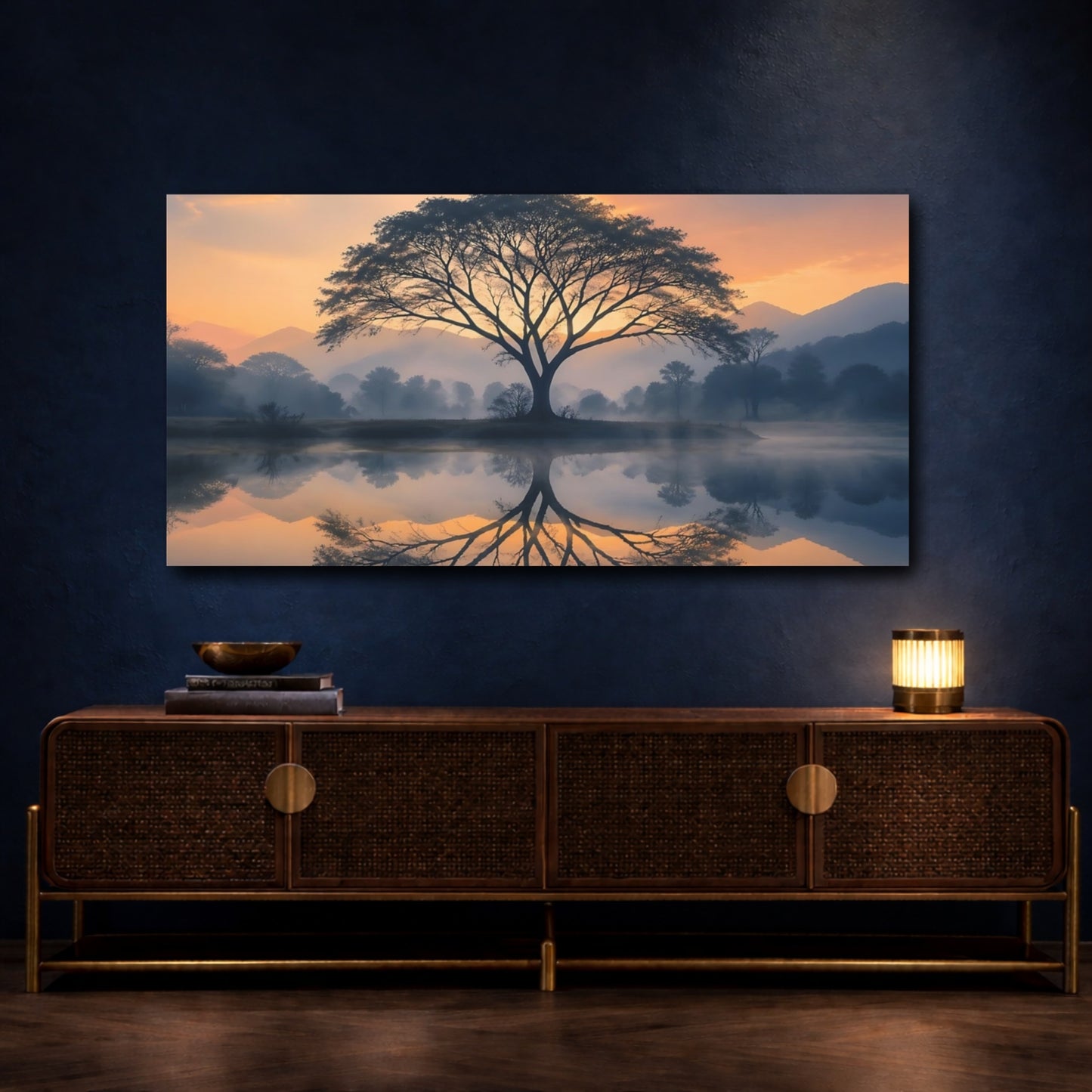 Mockup 3. Nature Tree Orange And Blue Landscape shown as stretched canvas wall art