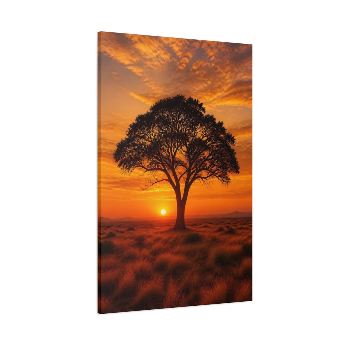 Side Mockup 1. Nature Tree Orange Sunset Tree shown as stretched canvas wall art