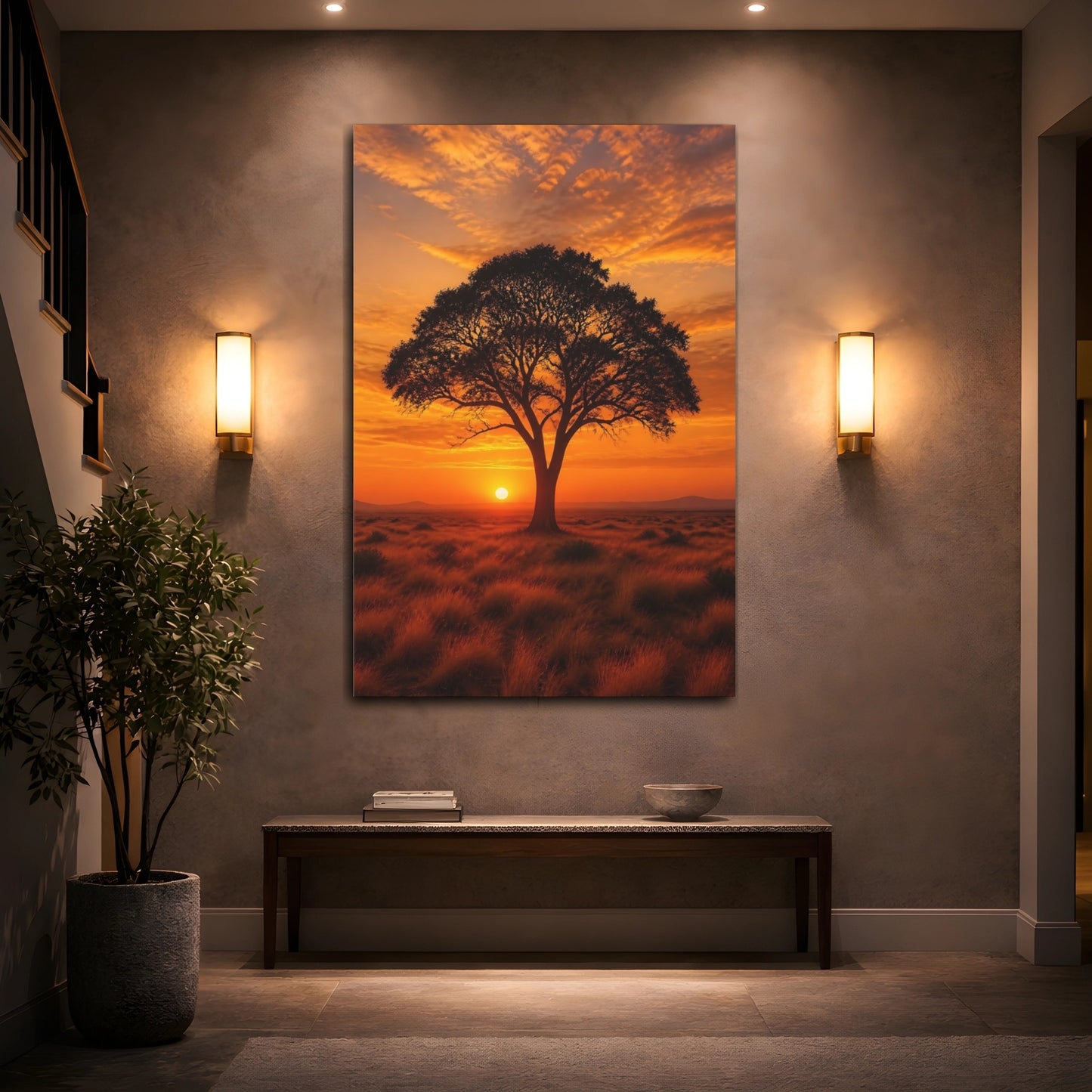 Mockup 2. Nature Tree Orange Sunset Tree shown as stretched canvas wall art