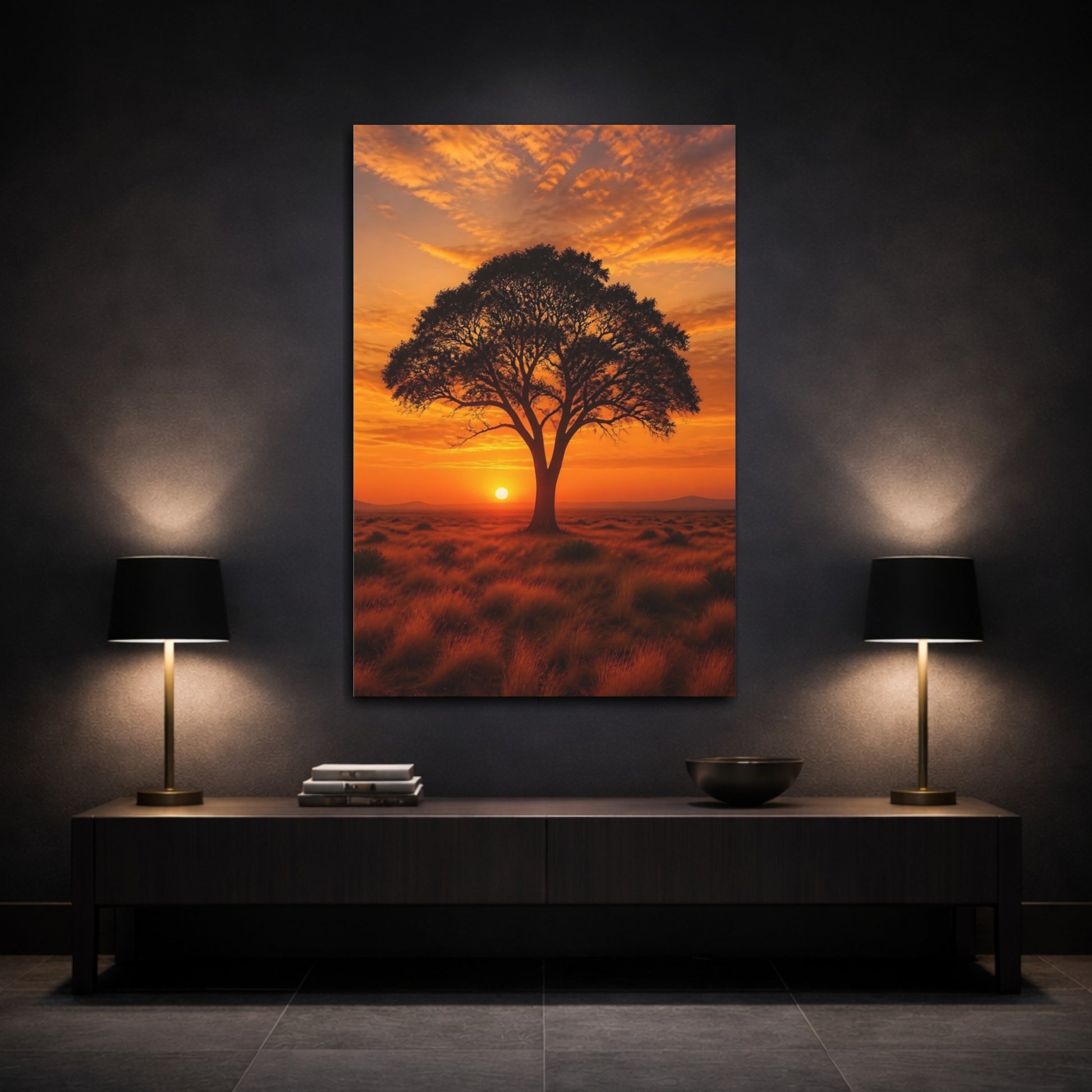 Mockup 3. Nature Tree Orange Sunset Tree shown as stretched canvas wall art