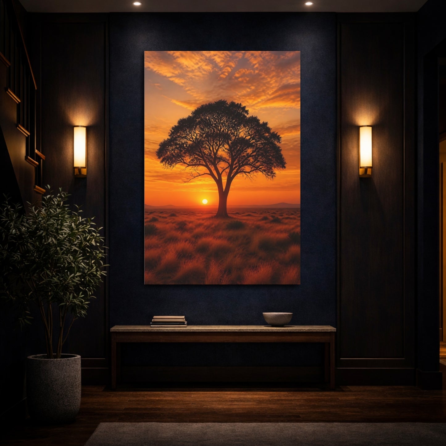 Mockup 4. Nature Tree Orange Sunset Tree shown as stretched canvas wall art