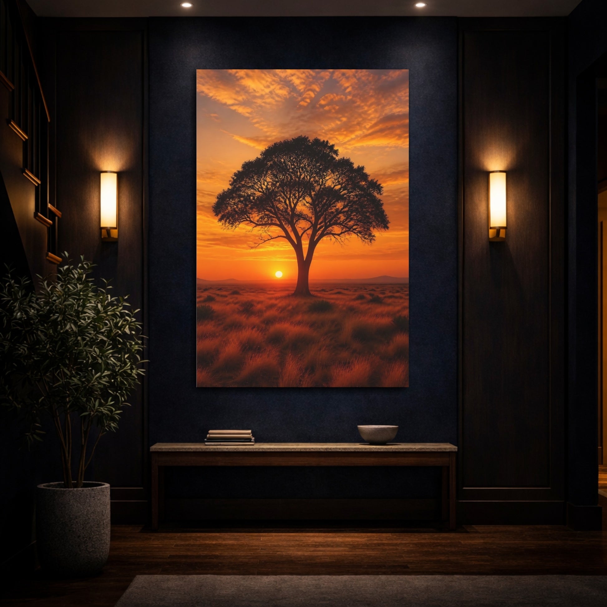 Mockup 4. Nature Tree Orange Sunset Tree shown as stretched canvas wall art