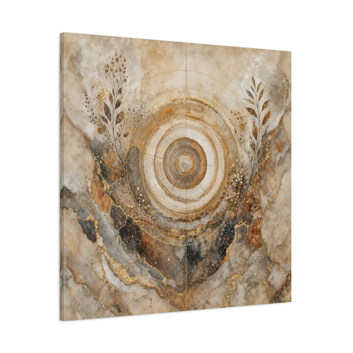 Side Mockup 1. Nature Tree Rings Gold Brown Tree Rings shown as stretched canvas wall art