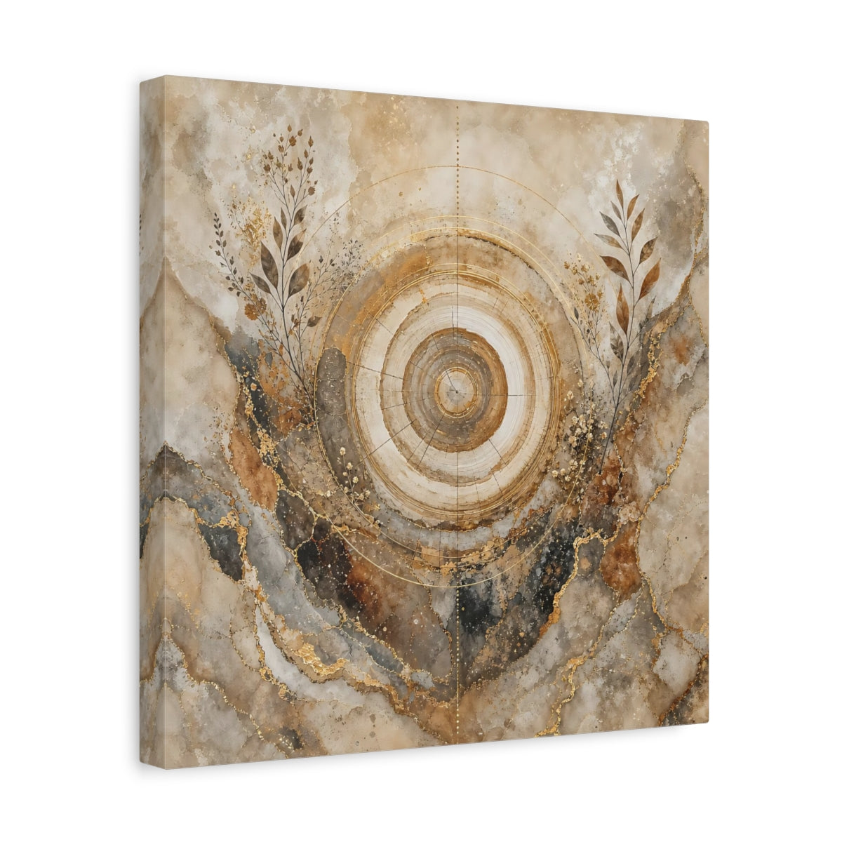 Side Mockup 7. Nature Tree Rings Gold Brown Tree Rings shown as stretched canvas wall art