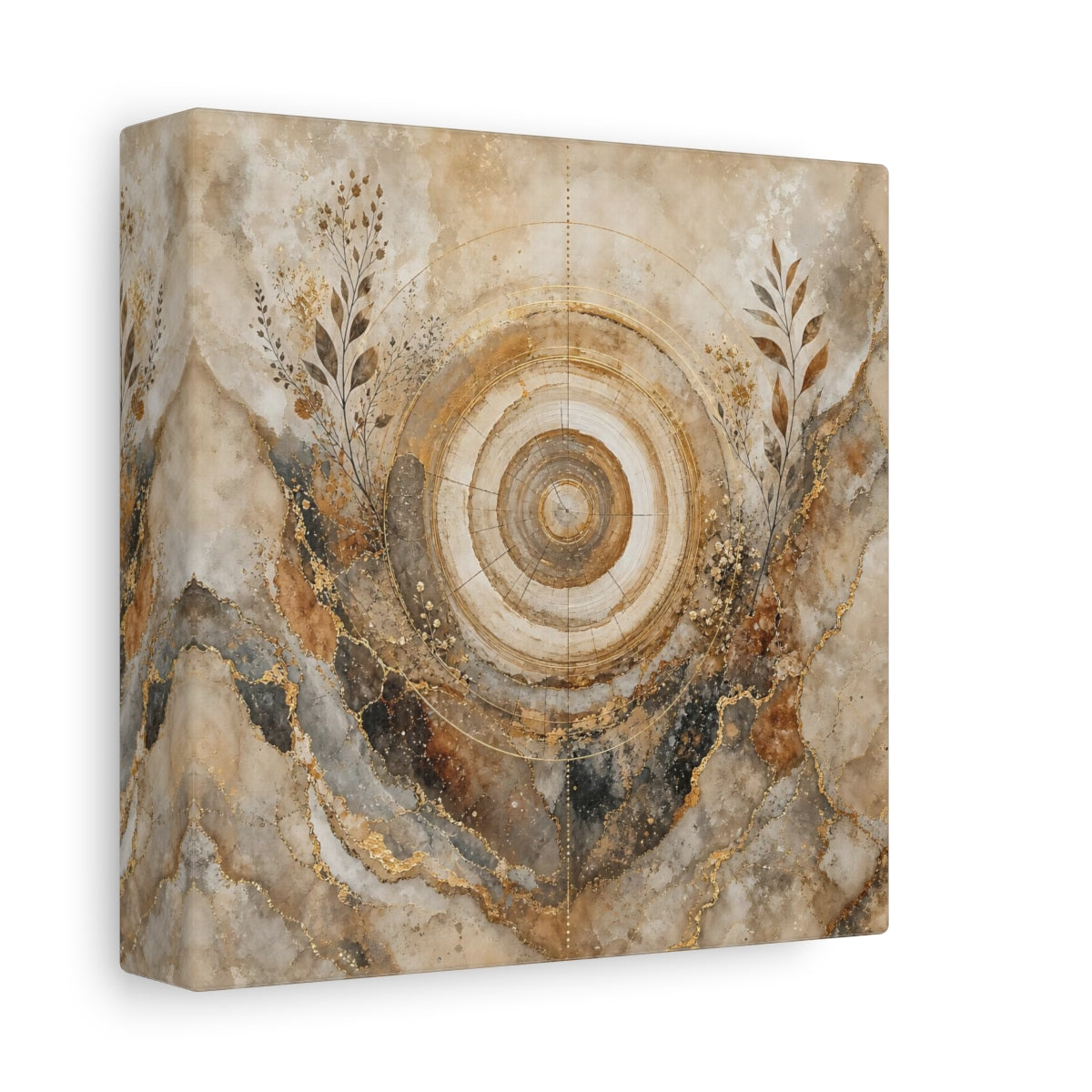 Side Mockup 2. Nature Tree Rings Gold Brown Tree Rings shown as stretched canvas wall art