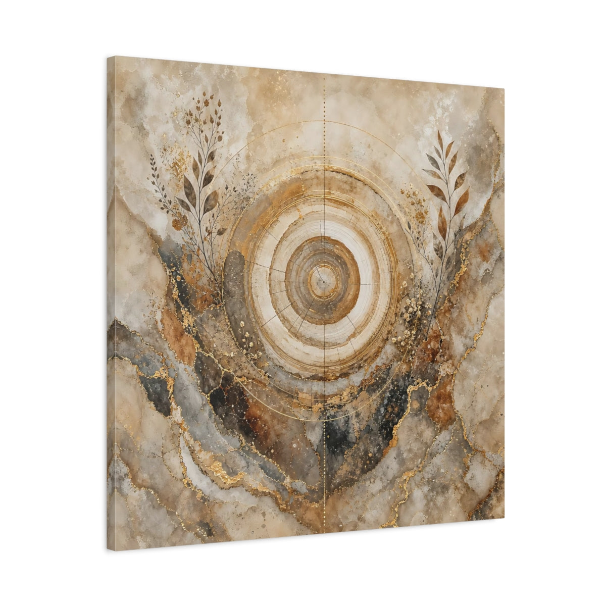 Side Mockup 3. Nature Tree Rings Gold Brown Tree Rings shown as stretched canvas wall art
