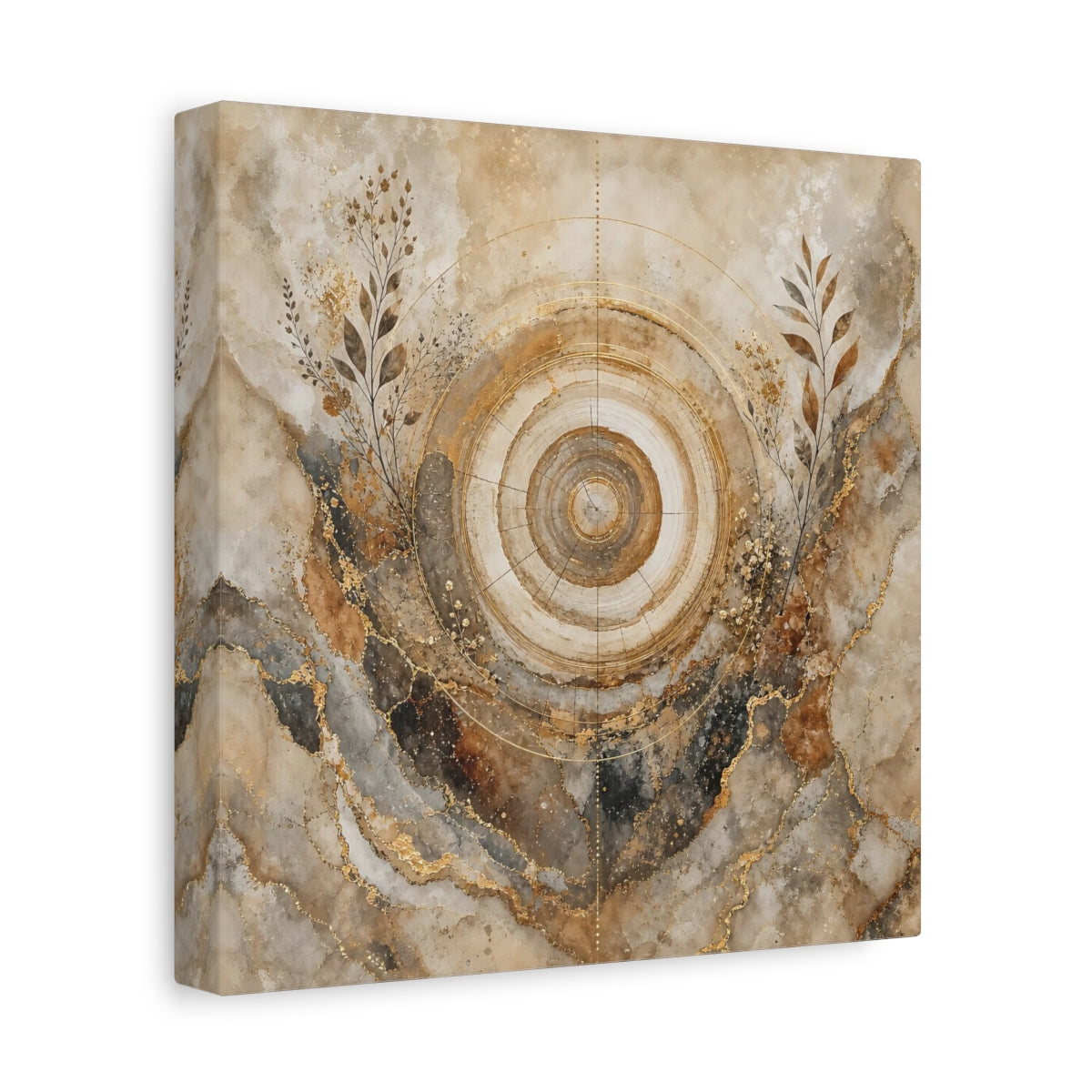 Side Mockup 9. Nature Tree Rings Gold Brown Tree Rings shown as stretched canvas wall art