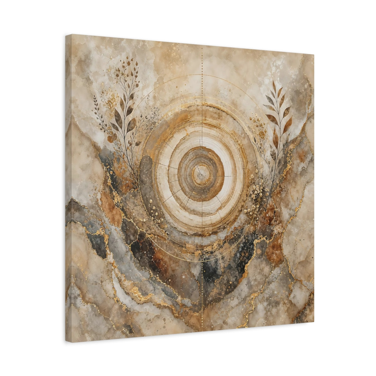 Side Mockup 4. Nature Tree Rings Gold Brown Tree Rings shown as stretched canvas wall art