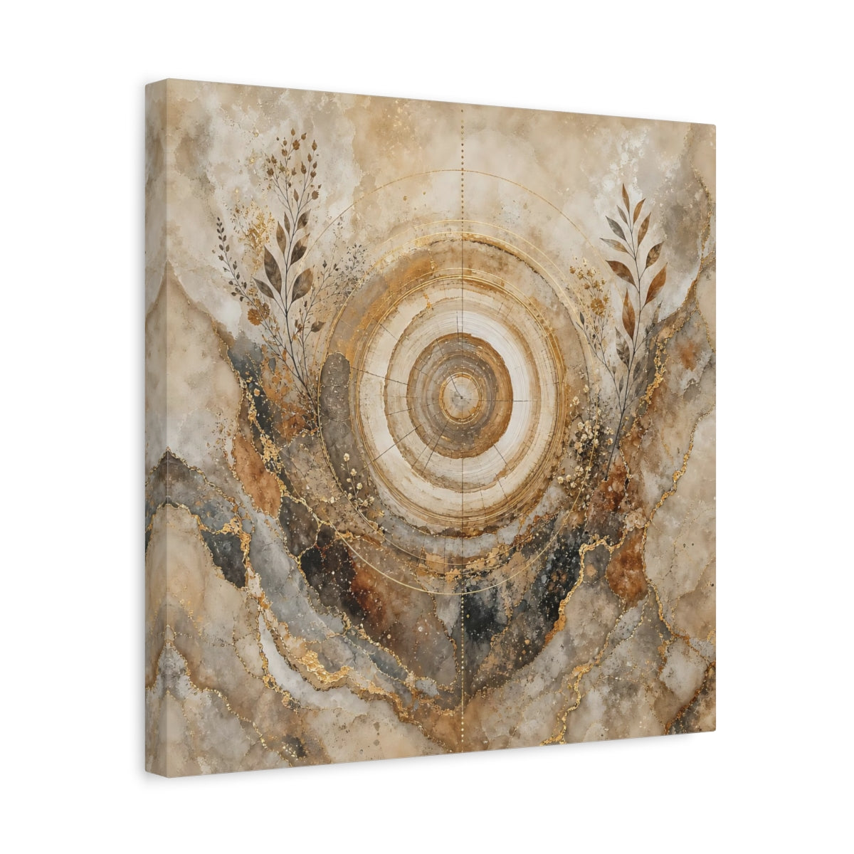 Side Mockup 6. Nature Tree Rings Gold Brown Tree Rings shown as stretched canvas wall art