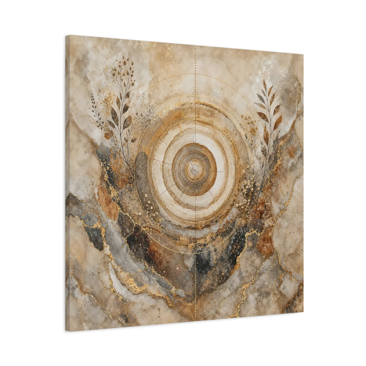 Main Mockup. Nature Tree Rings Gold Brown Tree Rings shown as stretched canvas wall art