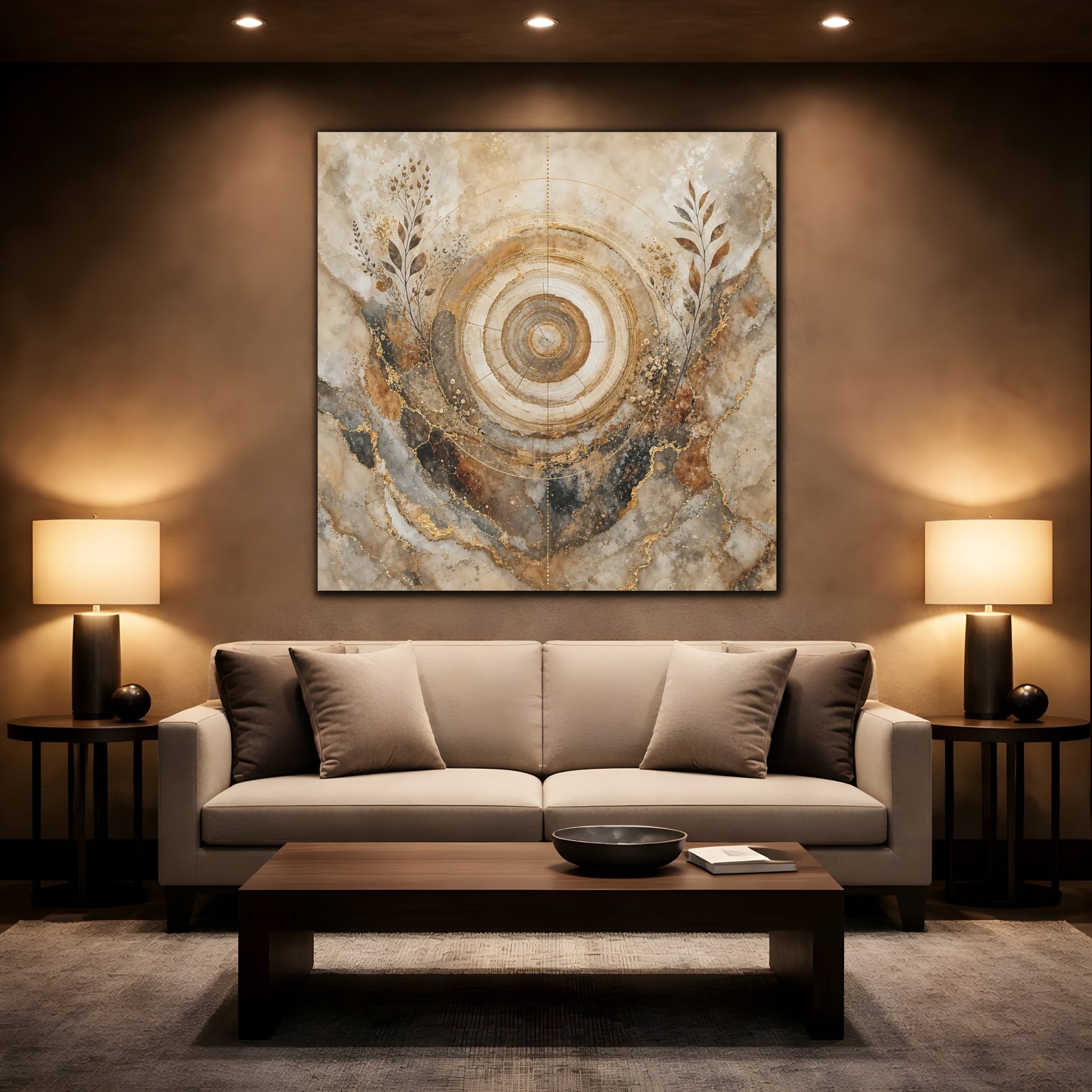 Mockup 2. Nature Tree Rings Gold Brown Tree Rings shown as stretched canvas wall art