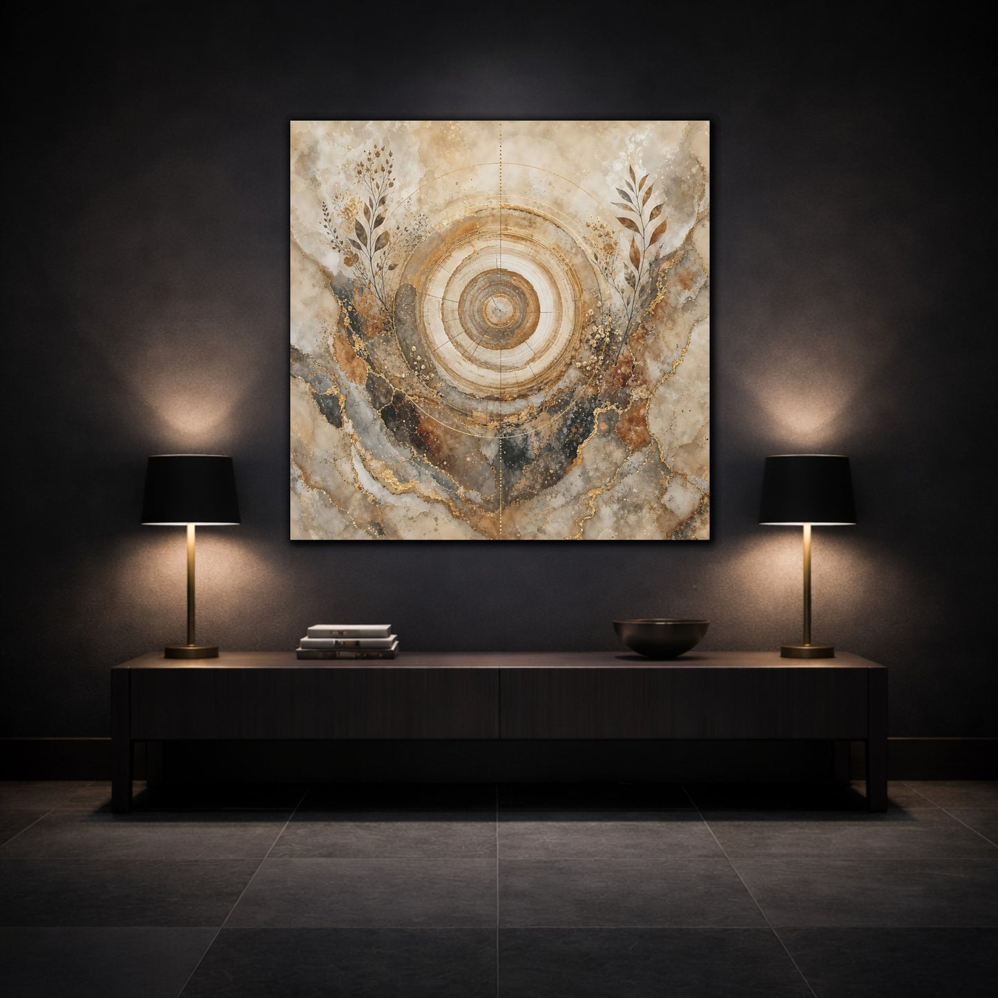 Mockup 3. Nature Tree Rings Gold Brown Tree Rings shown as stretched canvas wall art