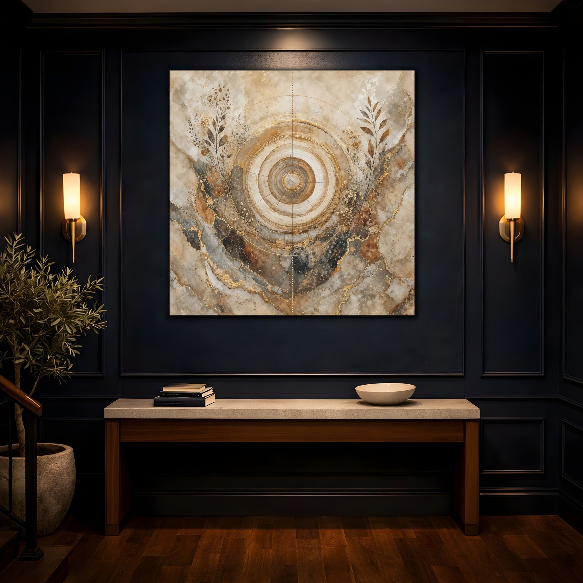 Mockup 4. Nature Tree Rings Gold Brown Tree Rings shown as stretched canvas wall art
