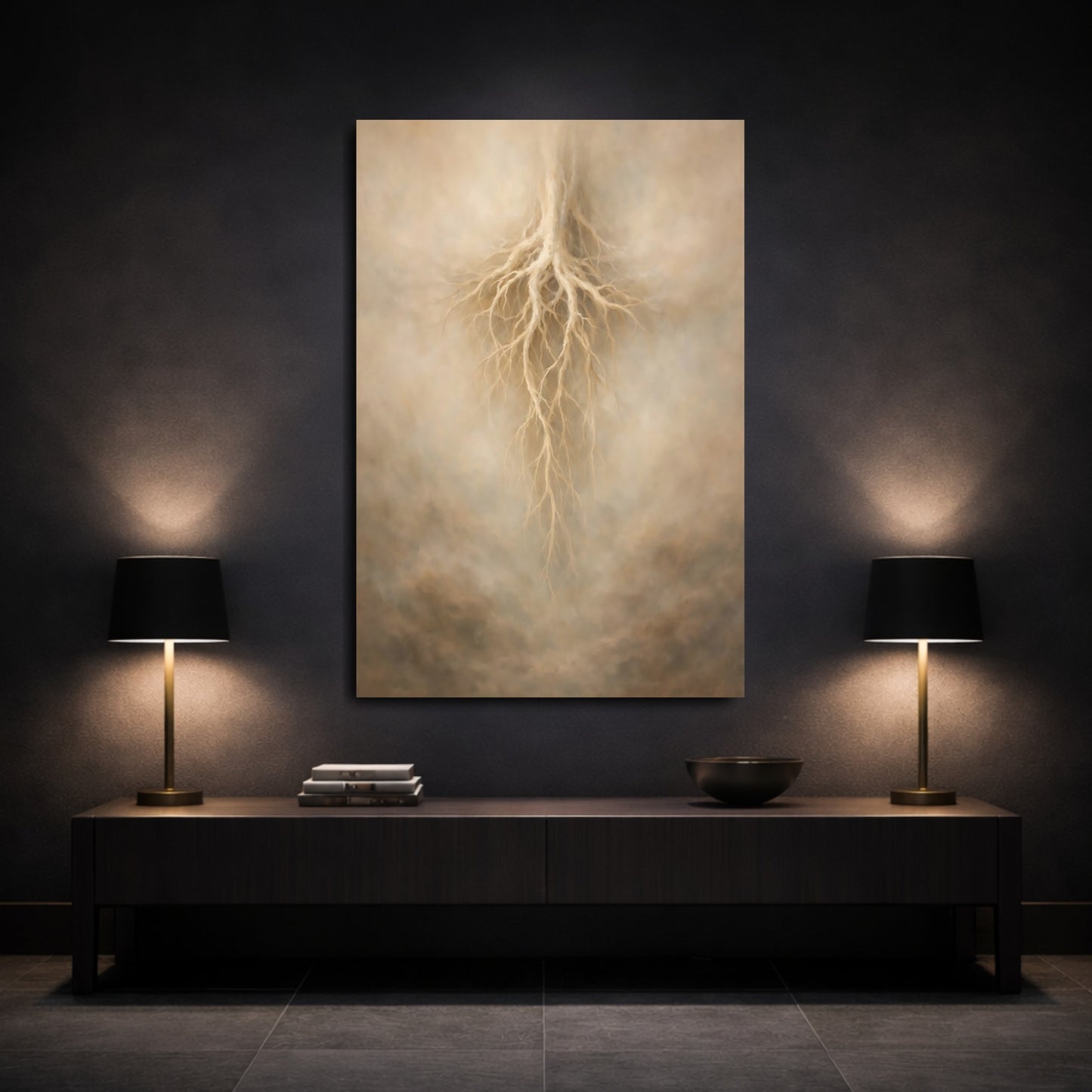 Mockup 2. Nature Tree Roots Beige Root Art shown as stretched canvas wall art