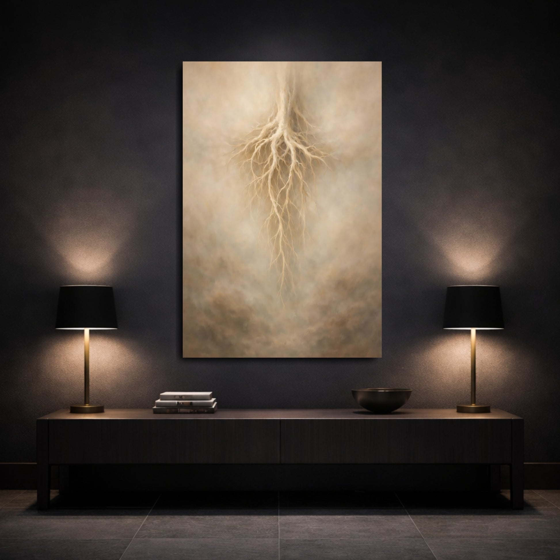 Mockup 2. Nature Tree Roots Beige Root Art shown as stretched canvas wall art