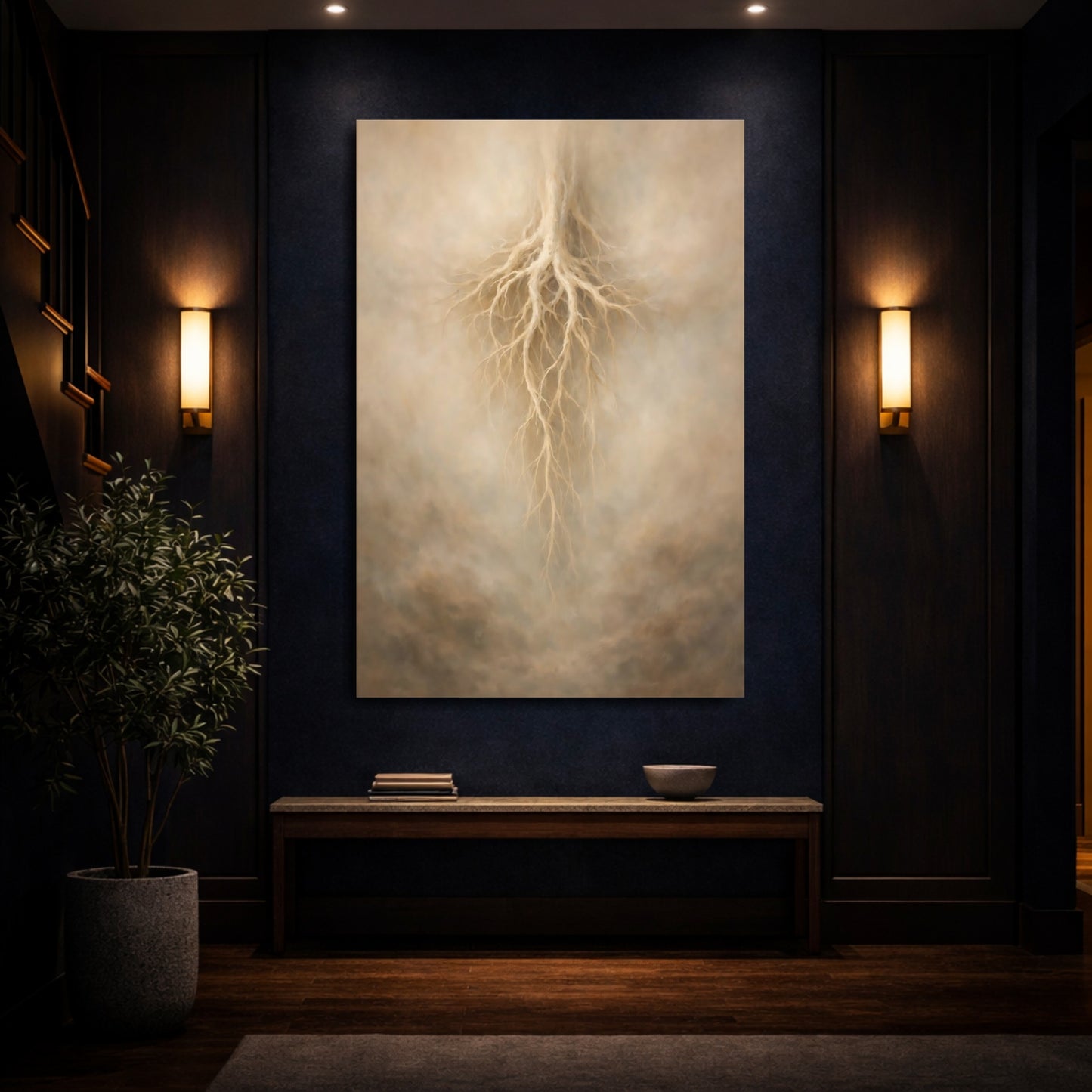 Mockup 3. Nature Tree Roots Beige Root Art shown as stretched canvas wall art
