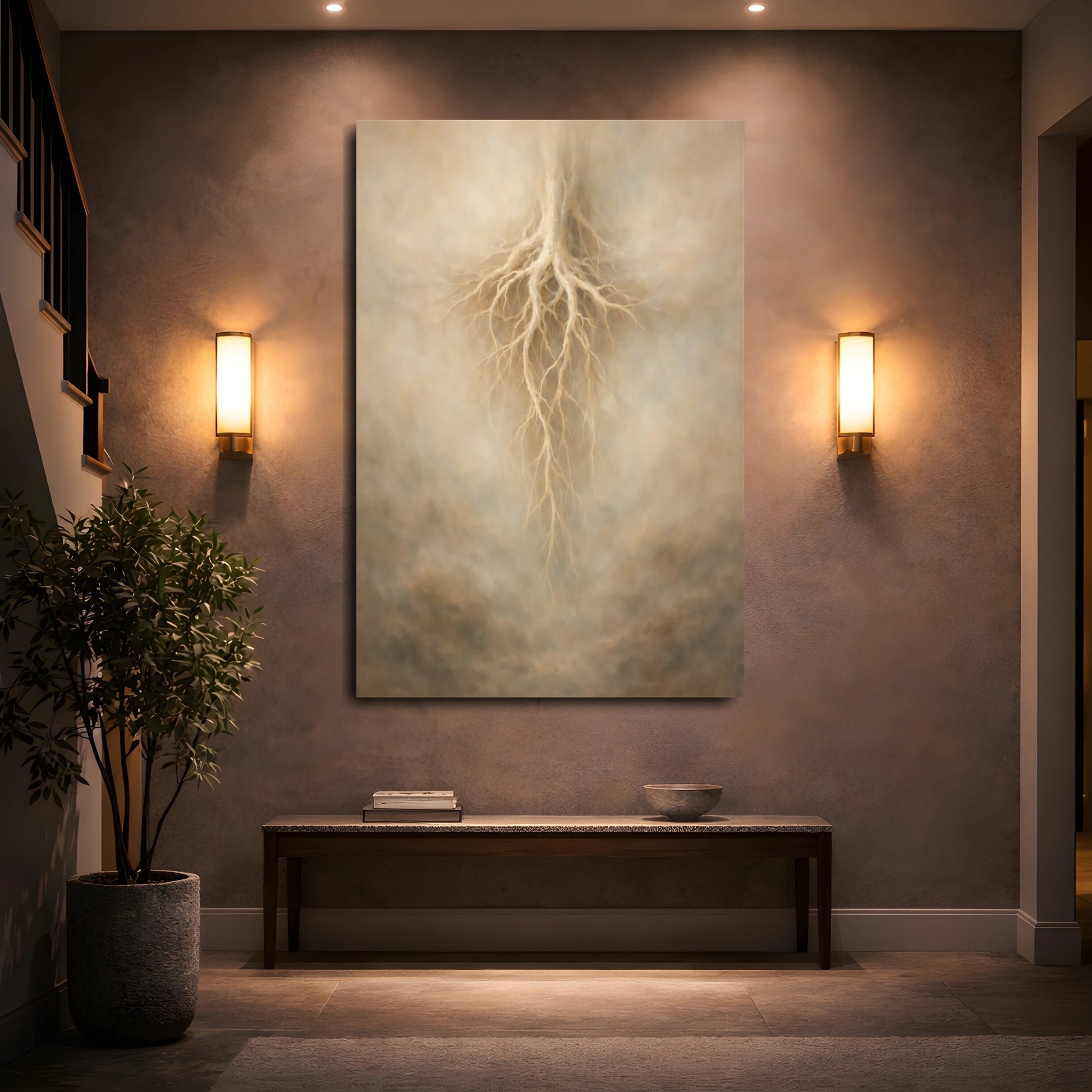 Mockup 4. Nature Tree Roots Beige Root Art shown as stretched canvas wall art