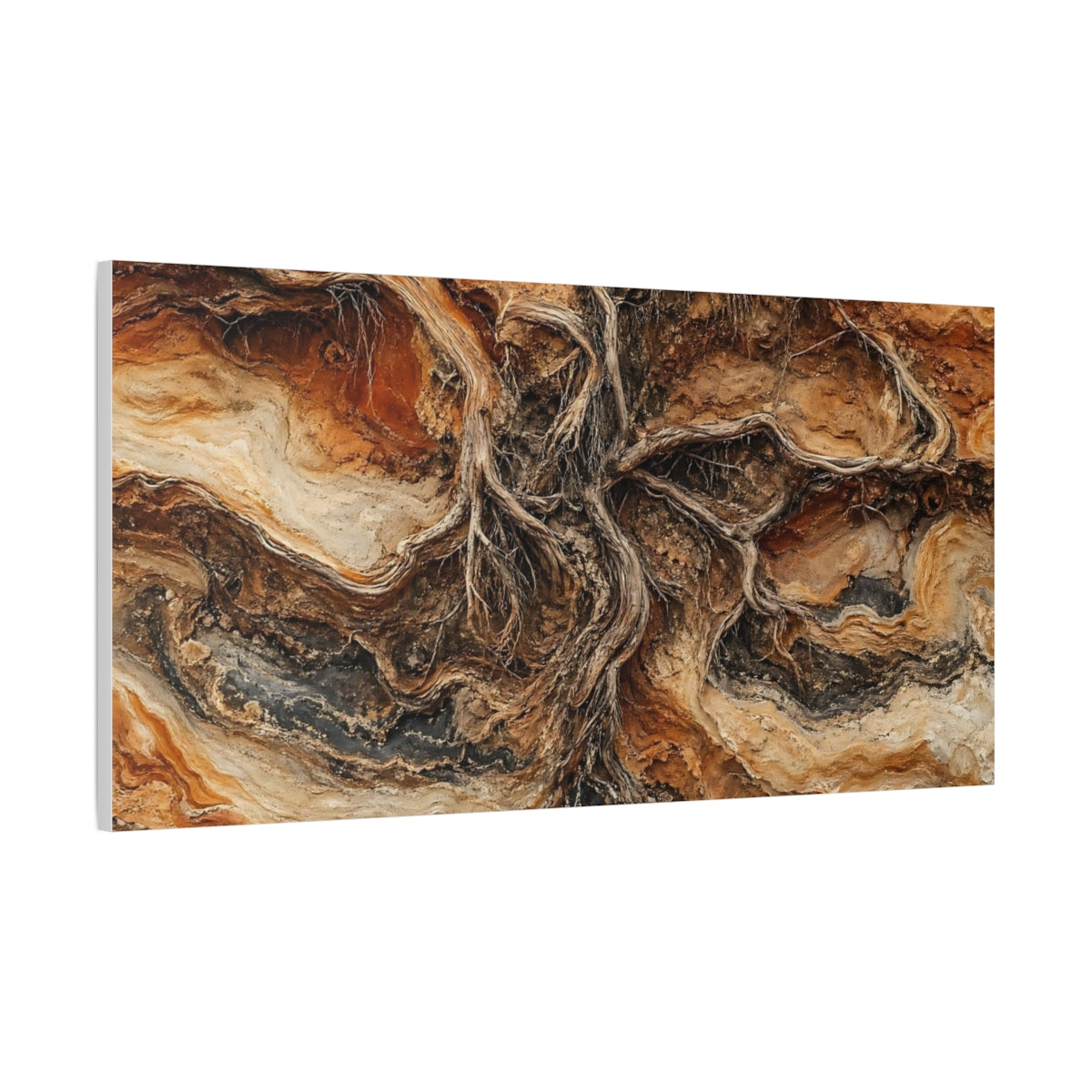 Main Mockup. Nature Tree Roots Brown And Orange shown as stretched canvas wall art