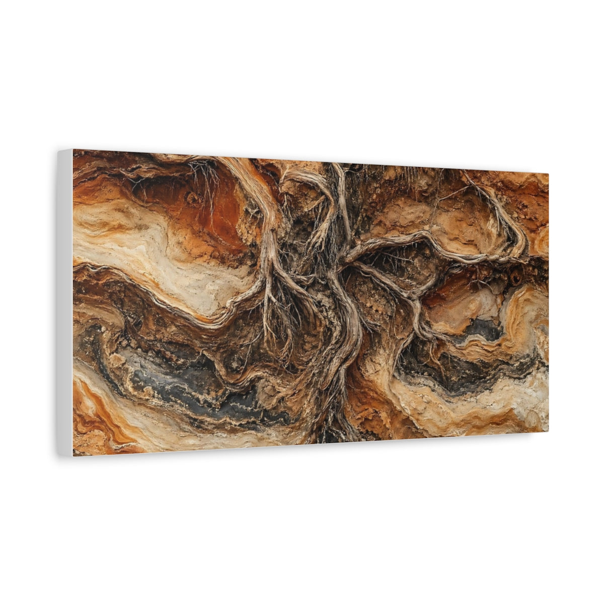 Side Mockup 3. Nature Tree Roots Brown And Orange shown as stretched canvas wall art