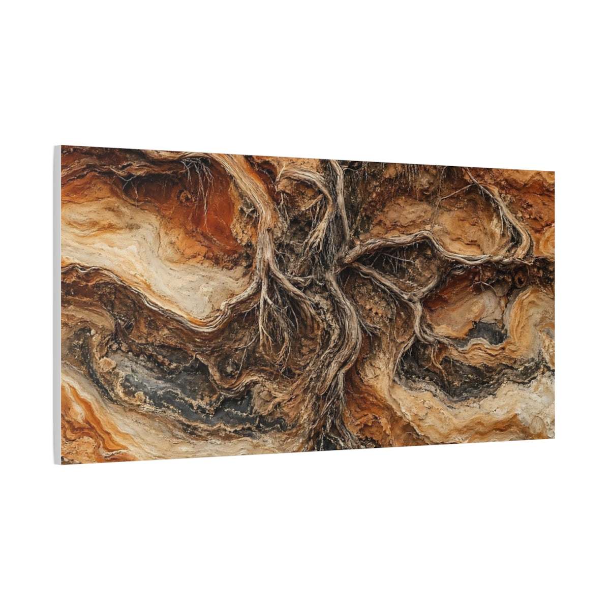 Side Mockup 2. Nature Tree Roots Brown And Orange shown as stretched canvas wall art