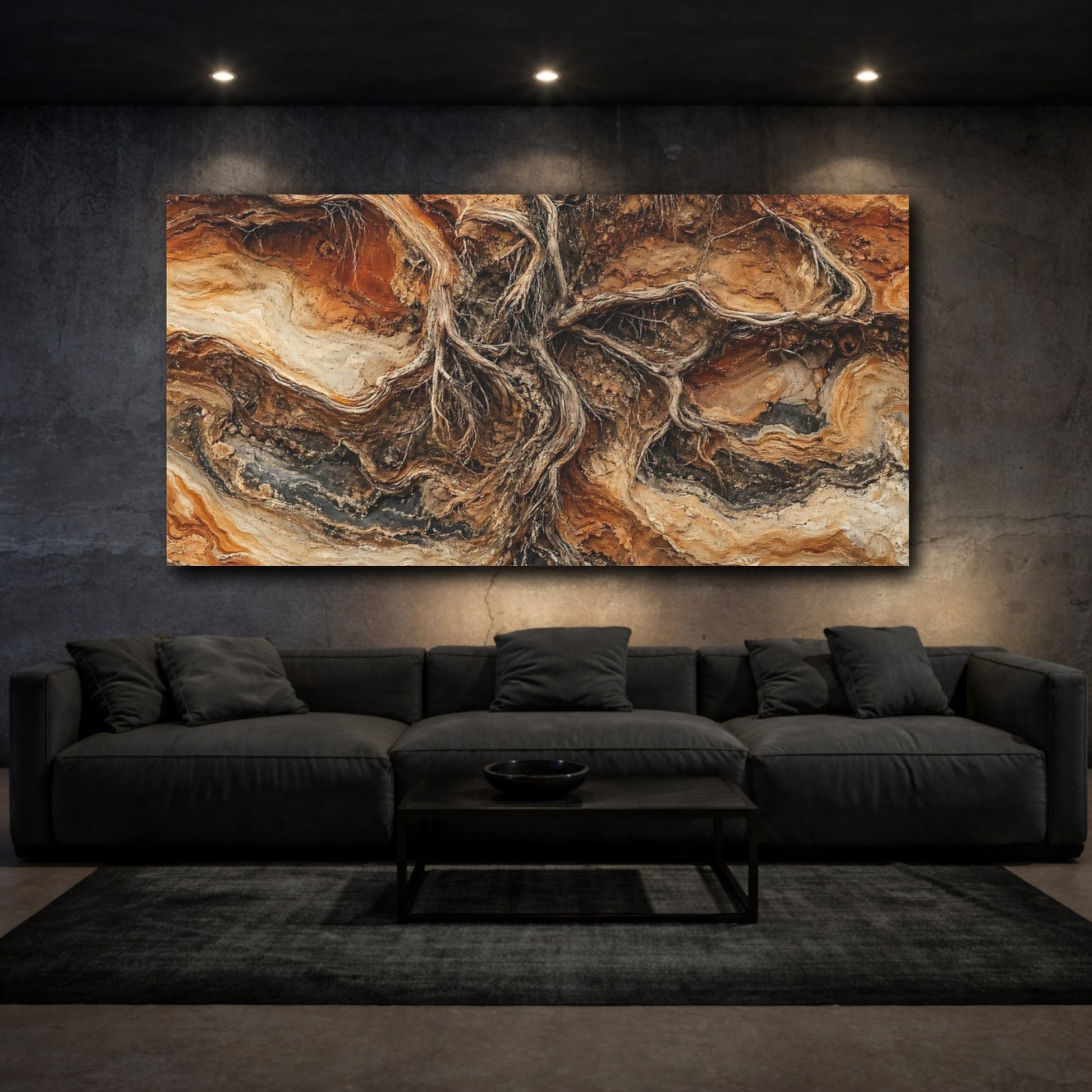 Mockup 2. Nature Tree Roots Brown And Orange shown as stretched canvas wall art