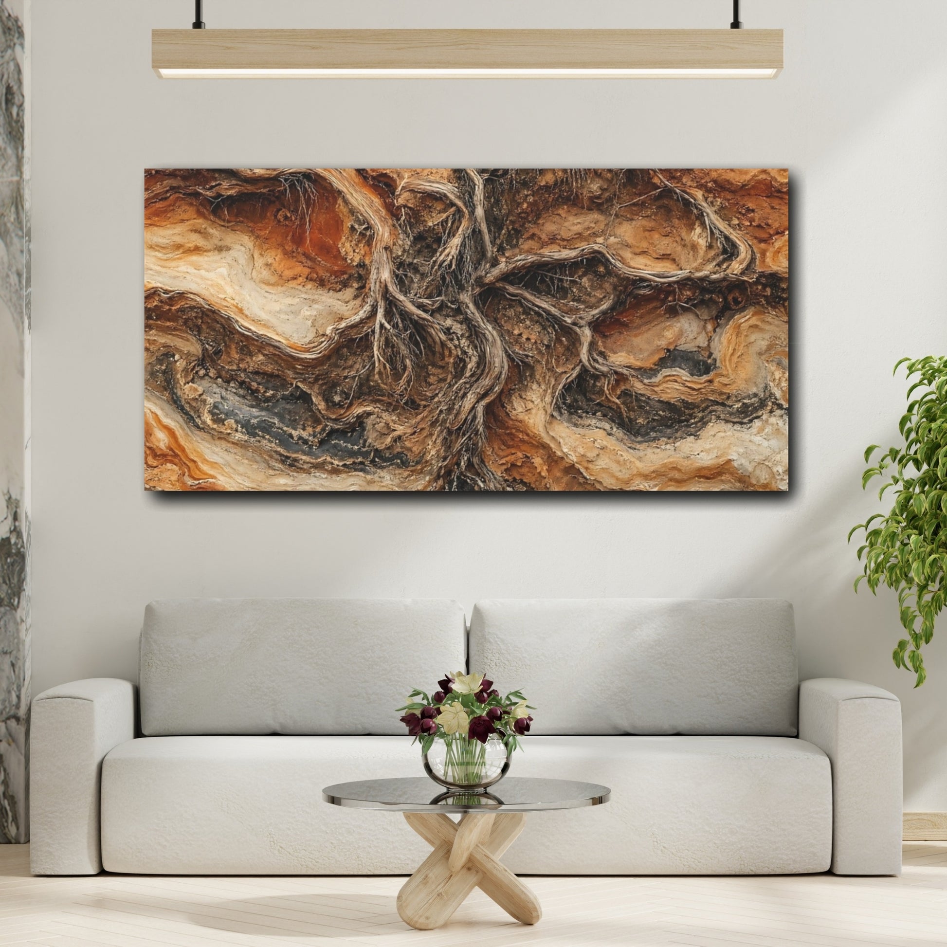 Mockup 3. Nature Tree Roots Brown And Orange shown as stretched canvas wall art