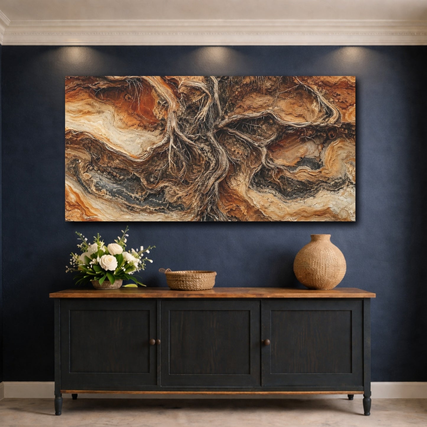 Mockup 4. Nature Tree Roots Brown And Orange shown as stretched canvas wall art