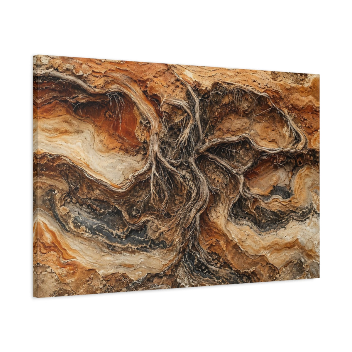 Main Mockup. Nature Tree Roots Earth Tones shown as stretched canvas wall art