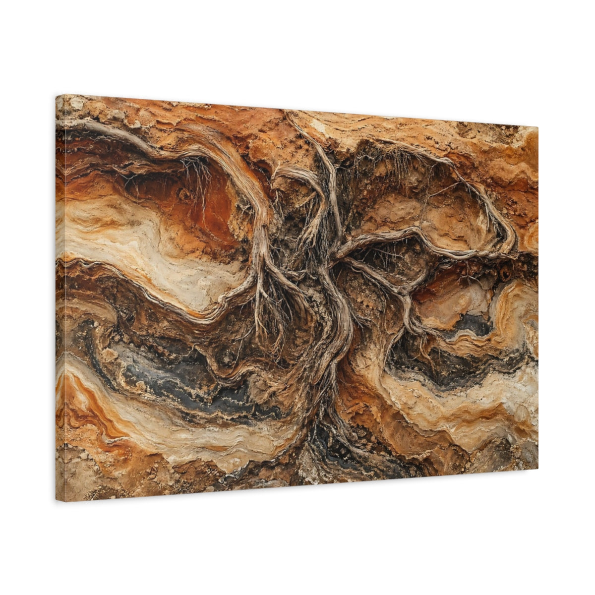 Side Mockup 2. Nature Tree Roots Earth Tones shown as stretched canvas wall art