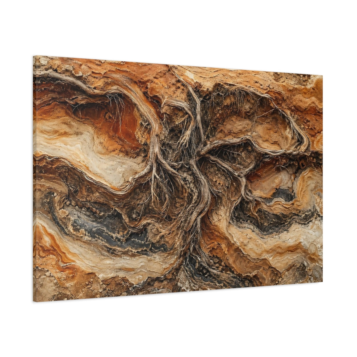 Side Mockup 1. Nature Tree Roots Earth Tones shown as stretched canvas wall art