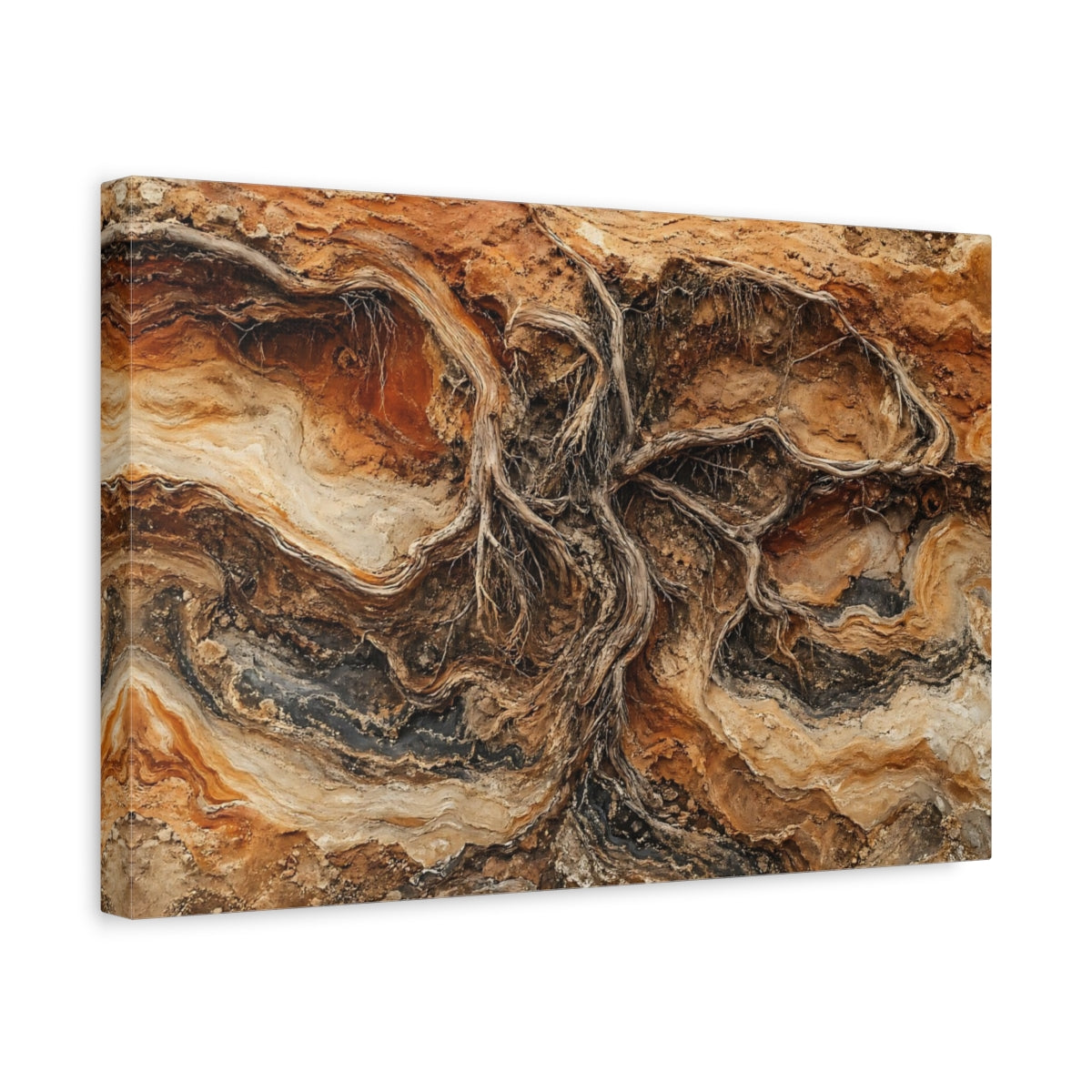 Side Mockup 4. Nature Tree Roots Earth Tones shown as stretched canvas wall art
