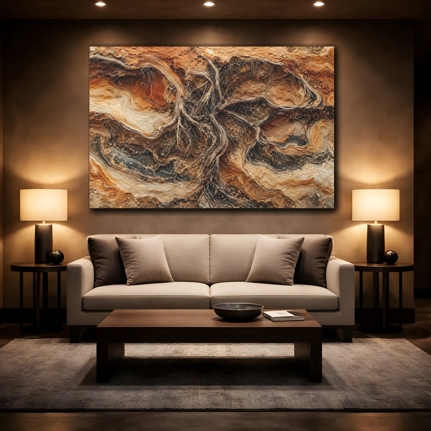 Mockup 2. Nature Tree Roots Earth Tones shown as stretched canvas wall art