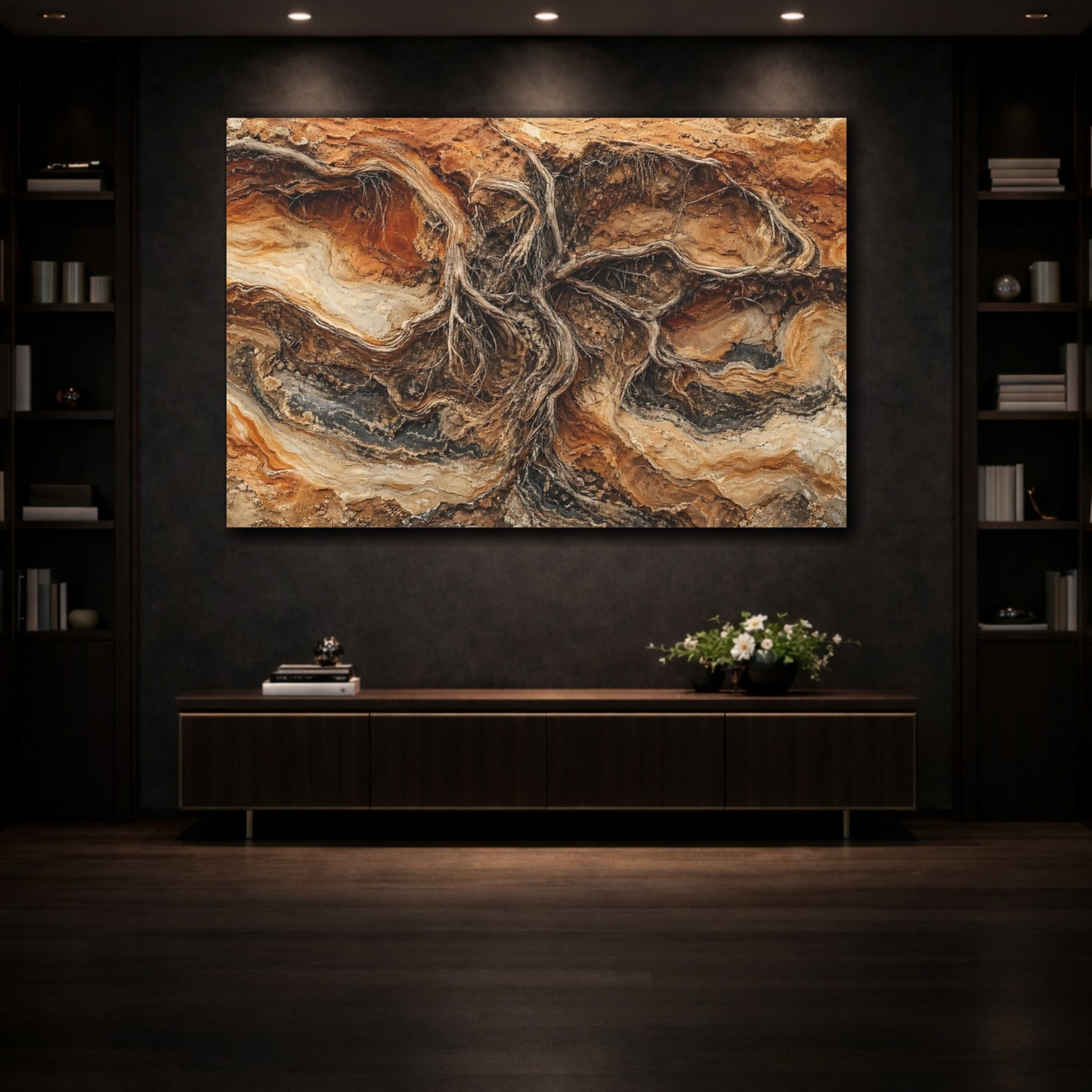 Mockup 3. Nature Tree Roots Earth Tones shown as stretched canvas wall art
